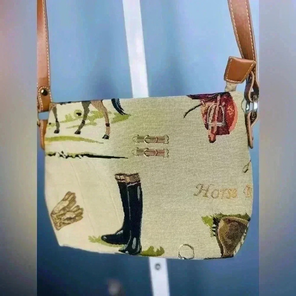Square Tapestry Fabric Horseback Riding Equestrian Themed Crossbody Bag - Picture 1 of 10